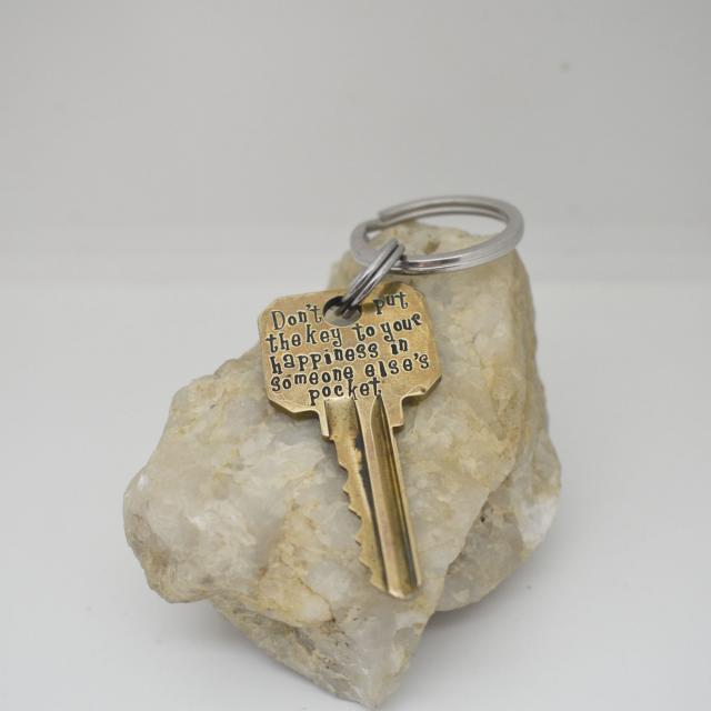 Dont put the key to your happiness in someone elses pocket brass key keychain inspirational backside.jpg